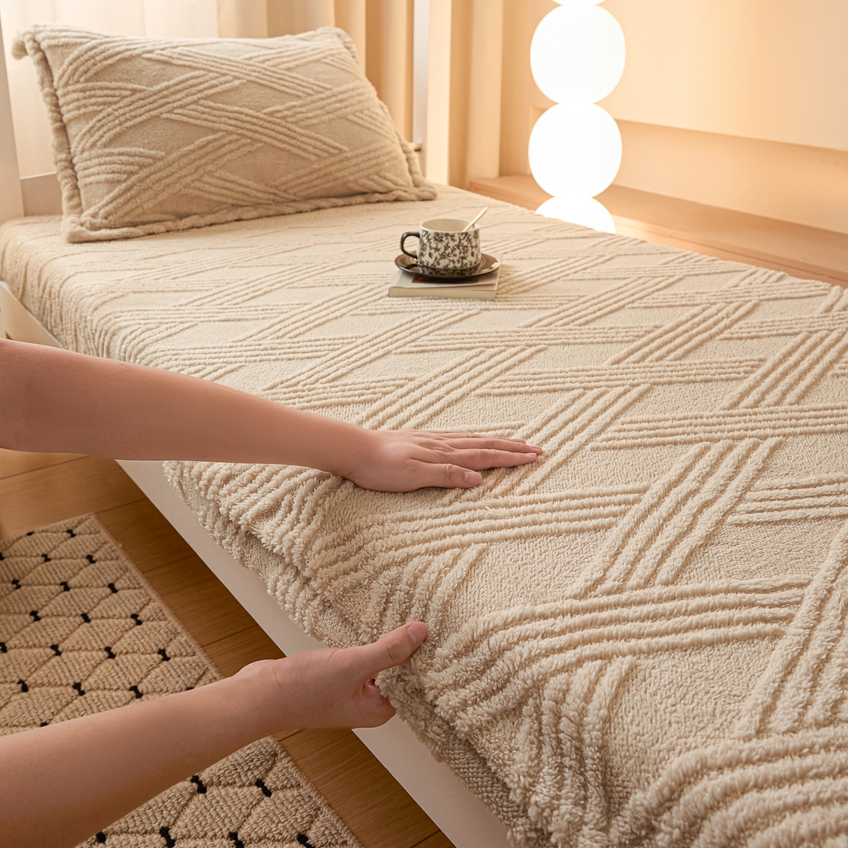 91家纺网 家纺一手货源 找家纺 川悦生活 2025新款塔夫绒印花单床笠 阳光暖垫-奶咖