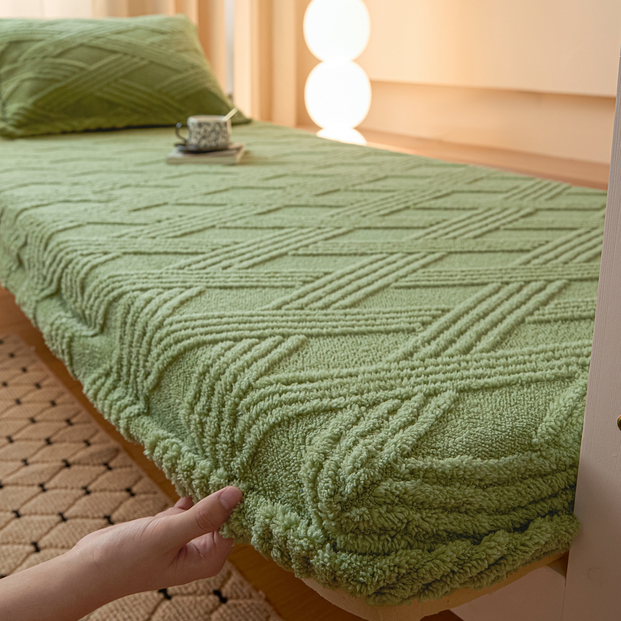 91家纺网 家纺一手货源 找家纺 川悦生活 2025新款塔夫绒印花单床笠 阳光暖垫-晴绿