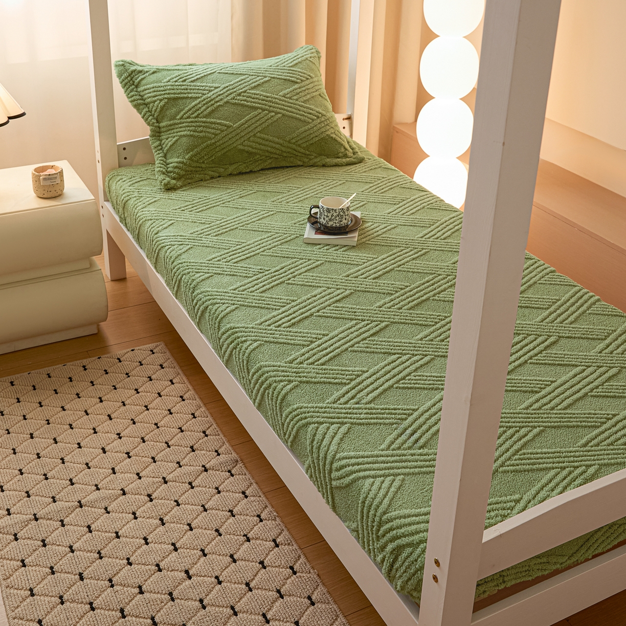 91家纺网 家纺一手货源 找家纺 川悦生活 2025新款塔夫绒印花单床笠 阳光暖垫-晴绿