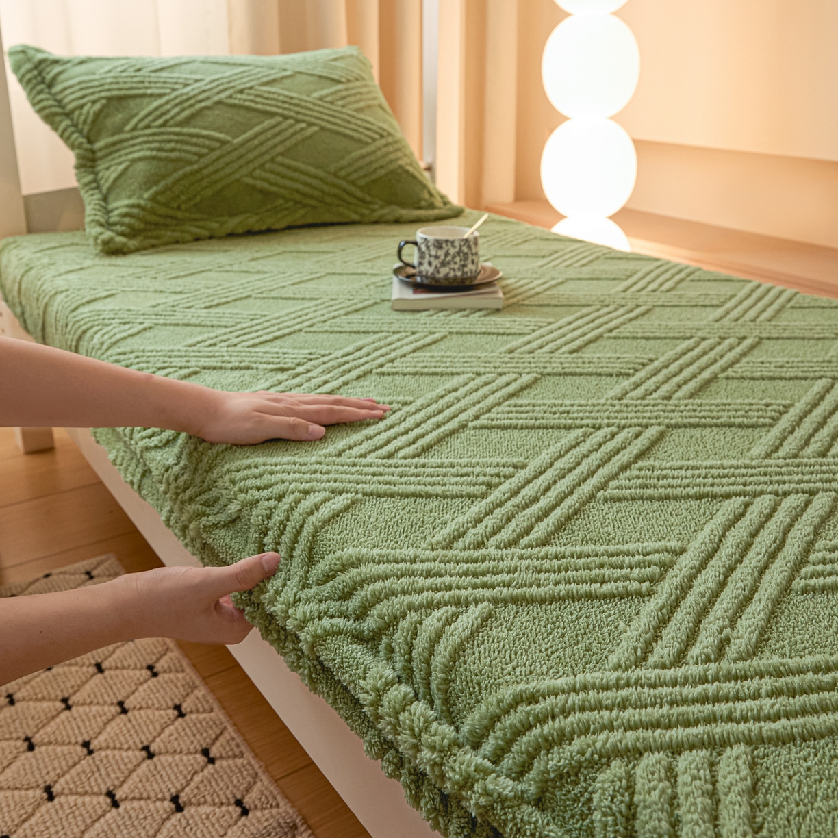 91家纺网 家纺一手货源 找家纺 川悦生活 2025新款塔夫绒印花单床笠 阳光暖垫-晴绿