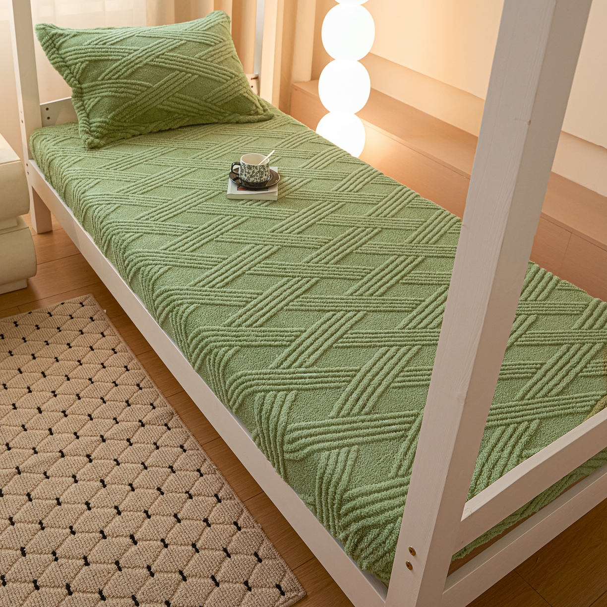 91家纺网 家纺一手货源 找家纺 川悦生活 2025新款塔夫绒印花单床笠 阳光暖垫-晴绿