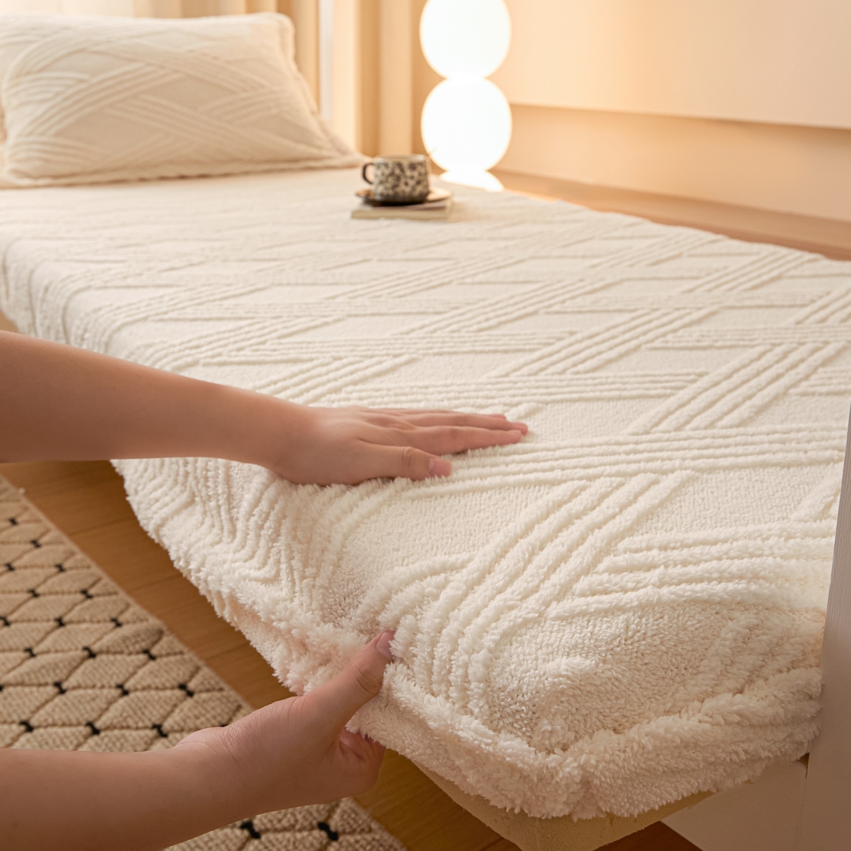 川悦生活 2025新款塔夫绒印花单床笠 阳光暖垫-奶白