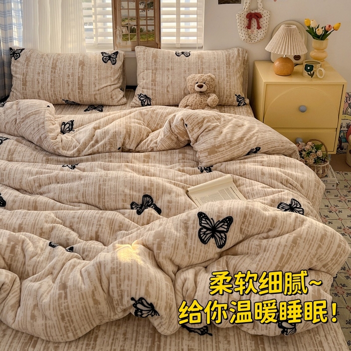 逸林家纺《原希尔顿逸林》 2025新款牛奶绒床盖四件套加厚印花法式赫本风花边床盖四件套 床盖款-法式蝴蝶