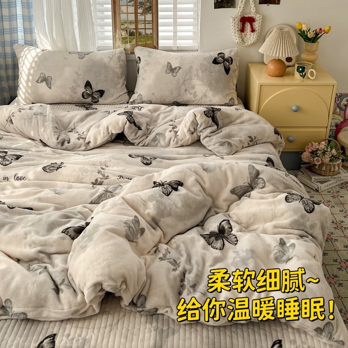 逸林家纺《原希尔顿逸林》 2025新款牛奶绒床盖四件套加厚印花法式赫本风花边床盖四件套 床盖款-蝴蝶意境
