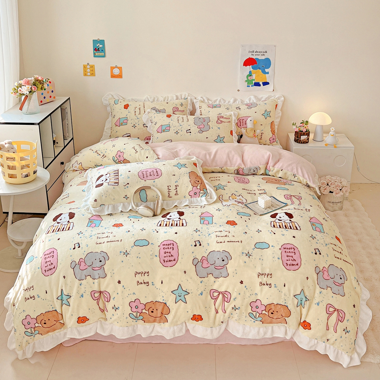 眷恋家纺 2025新款秋冬新品牛奶绒花边四件套 动物家园