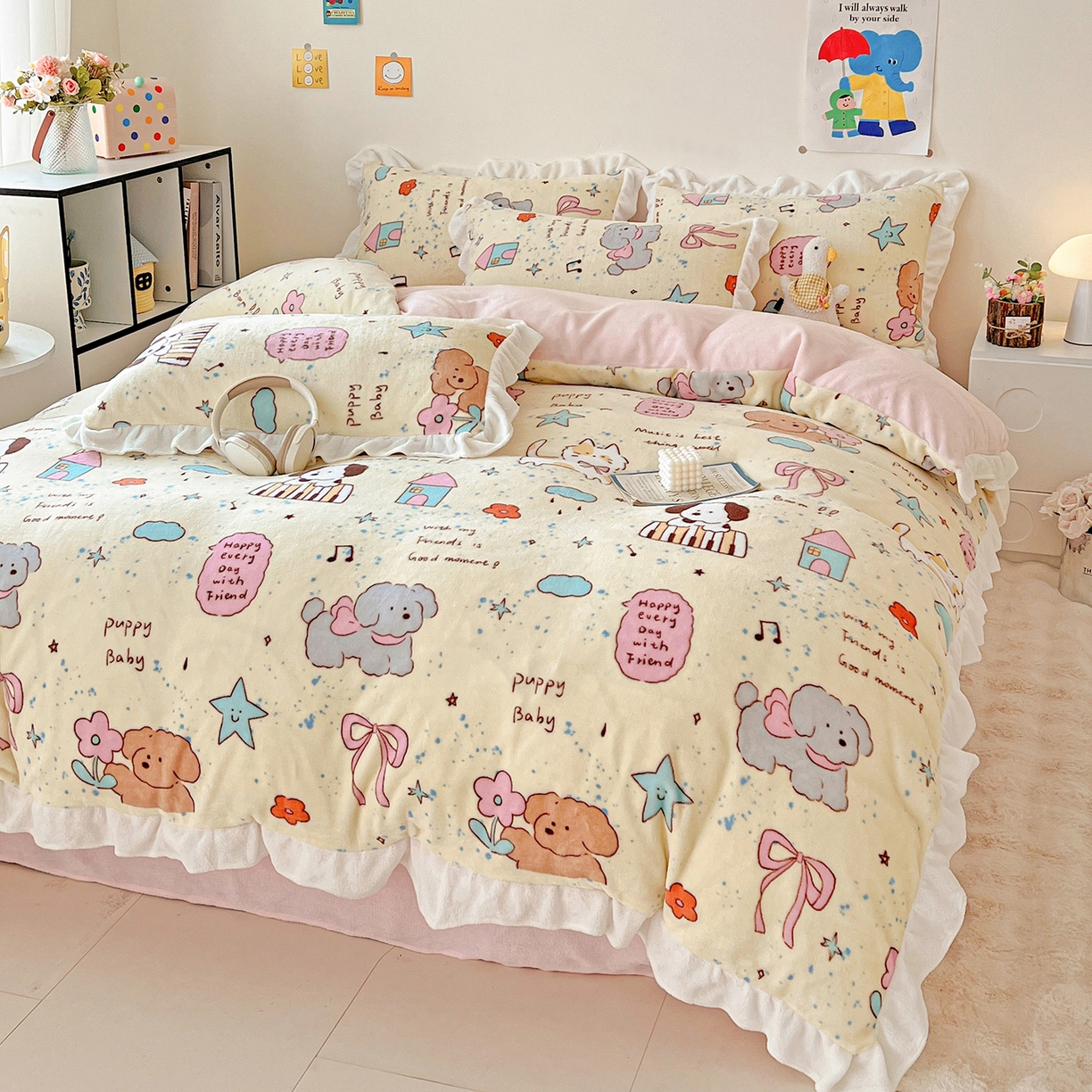 91家纺网 家纺一手货源 找家纺 眷恋家纺 2025新款秋冬新品牛奶绒花边四件套 动物家园