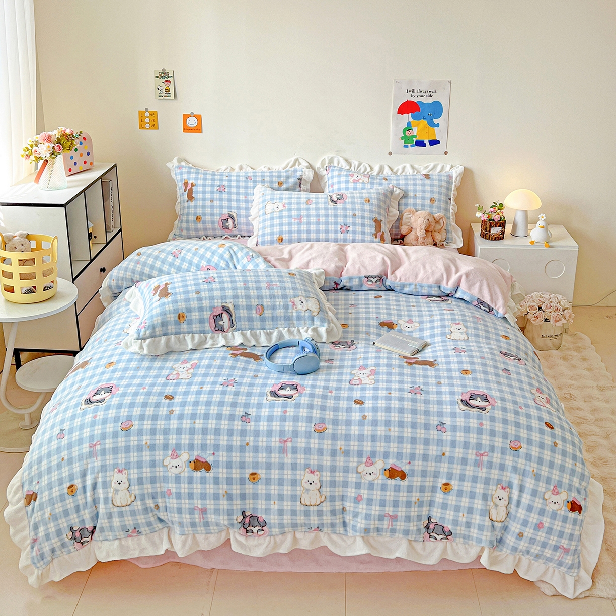 眷恋家纺 2025新款秋冬新品牛奶绒花边四件套 蓝格猫咪