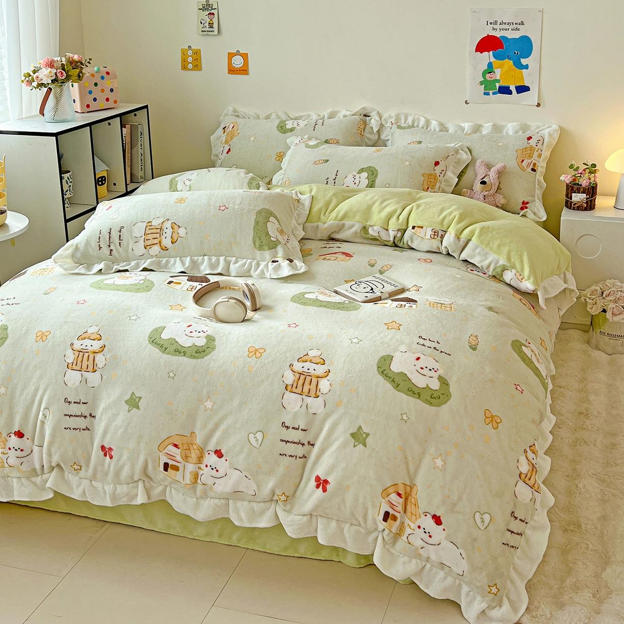 91家纺网 家纺一手货源 找家纺 眷恋家纺 2025新款秋冬新品牛奶绒花边四件套 露营日记