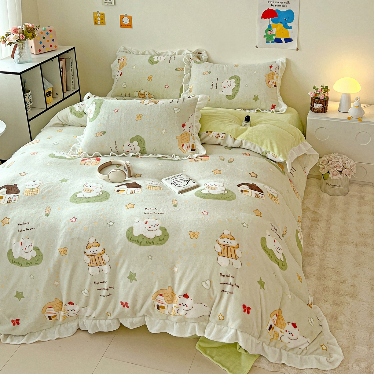 91家纺网 家纺一手货源 找家纺 眷恋家纺 2025新款秋冬新品牛奶绒花边四件套 露营日记