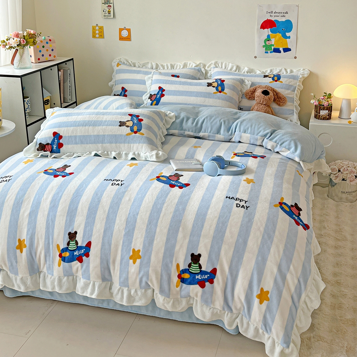 91家纺网 家纺一手货源 找家纺 眷恋家纺 2025新款秋冬新品牛奶绒花边四件套 小飞机