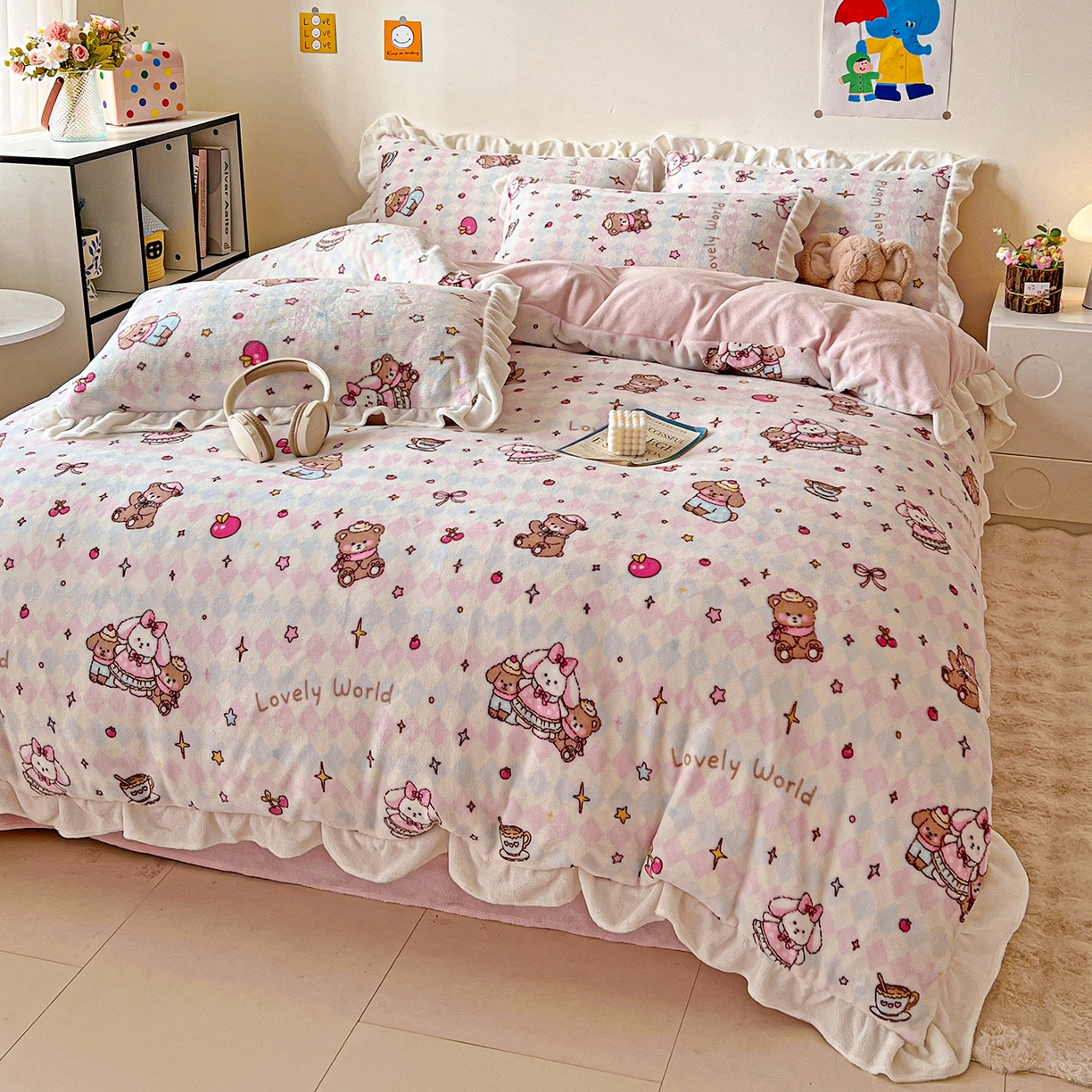 91家纺网 家纺一手货源 找家纺 眷恋家纺 2025新款秋冬新品牛奶绒花边四件套 星星宠物