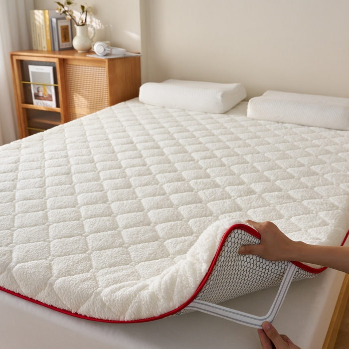 91家纺网 家纺一手货源 找家纺 芊梵床垫 2025新款5D网格布单边硬质棉羊羔绒床垫系列 羊羔绒-红白