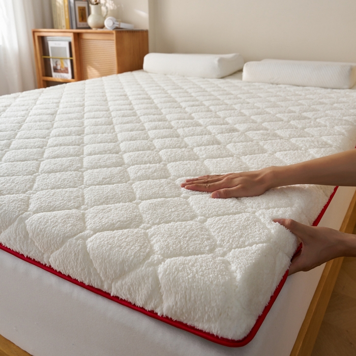 91家纺网 家纺一手货源 找家纺 芊梵床垫 2025新款5D网格布单边硬质棉羊羔绒床垫系列 羊羔绒-红白