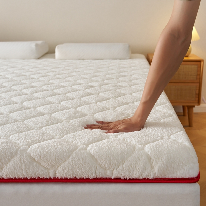 91家纺网 家纺一手货源 找家纺 芊梵床垫 2025新款5D网格布单边硬质棉羊羔绒床垫系列 羊羔绒-红白