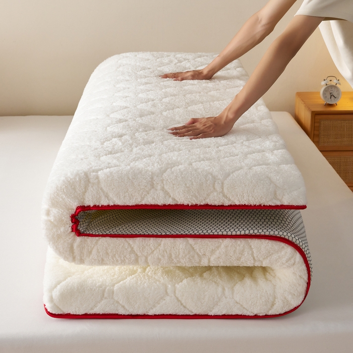 91家纺网 家纺一手货源 找家纺 芊梵床垫 2025新款5D网格布单边硬质棉羊羔绒床垫系列 羊羔绒-红白