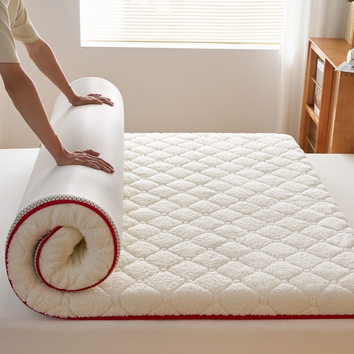 91家纺网 家纺一手货源 找家纺 芊梵床垫 2025新款5D网格布单边硬质棉羊羔绒床垫系列 羊羔绒-红白