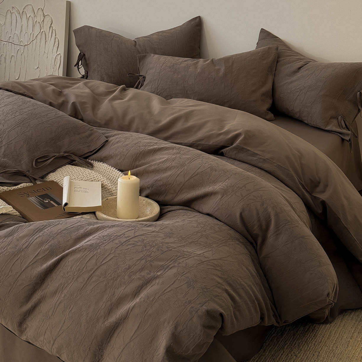 简纯主义 2025新款A类磨毛浮雕提花四件套-图二 竹墨咖