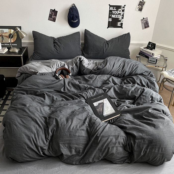 91家纺网 家纺一手货源 找家纺 梦卓家纺 2025爆款ins风超柔褶皱亲肤磨毛水洗棉四件套 深空灰