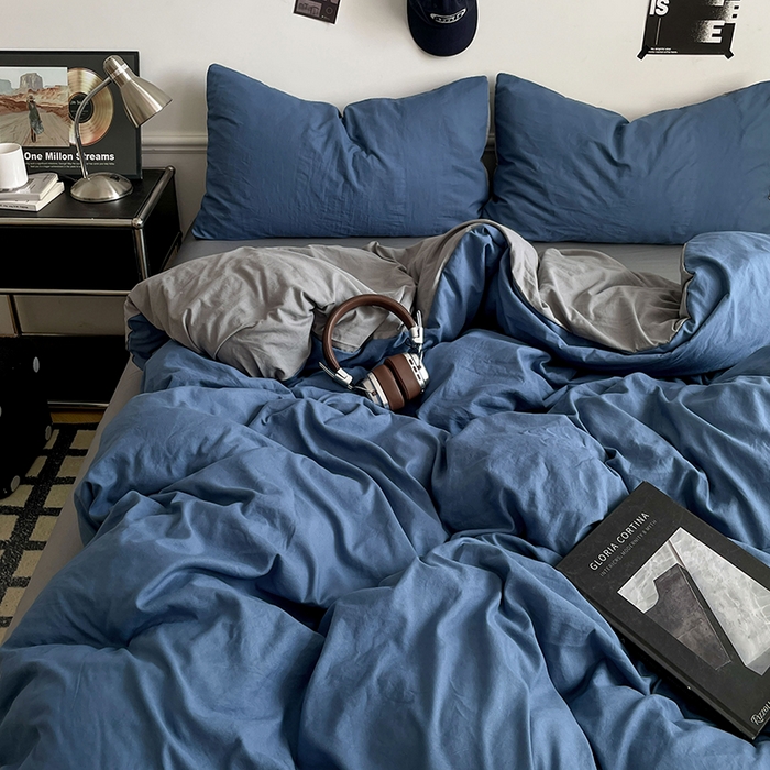 91家纺网 家纺一手货源 找家纺 梦卓家纺 2025爆款ins风超柔褶皱亲肤磨毛水洗棉四件套 爵士蓝＋浅灰