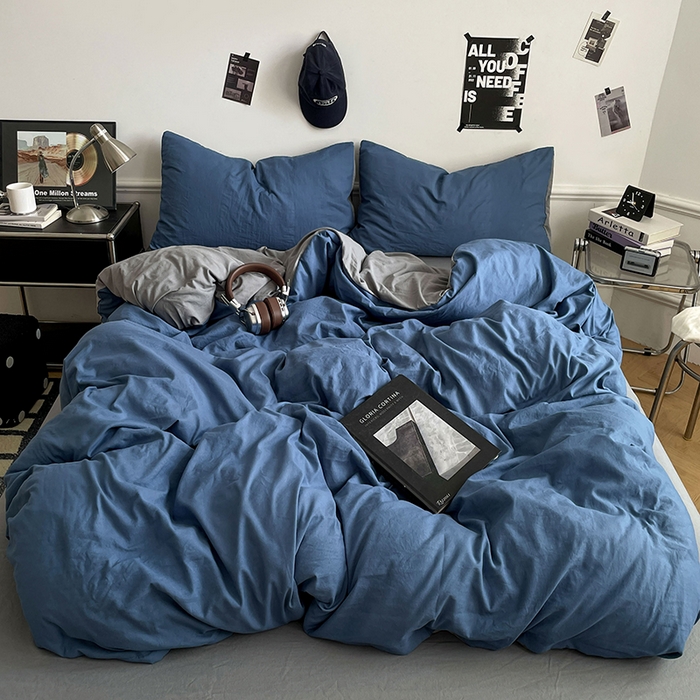 梦卓家纺 2025爆款ins风超柔褶皱亲肤磨毛水洗棉四件套 爵士蓝＋浅灰