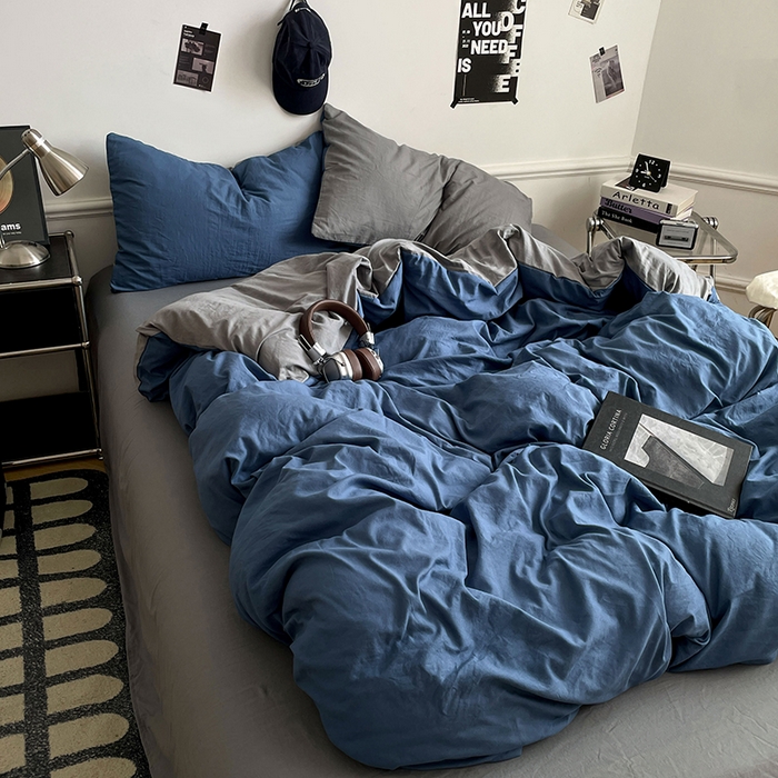 91家纺网 家纺一手货源 找家纺 梦卓家纺 2025爆款ins风超柔褶皱亲肤磨毛水洗棉四件套 爵士蓝＋浅灰