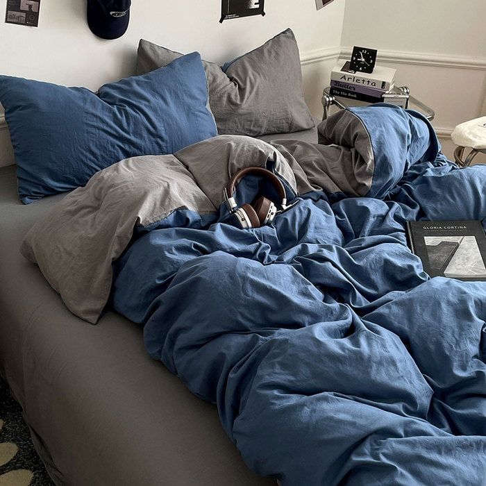 91家纺网 家纺一手货源 找家纺 梦卓家纺 2025爆款ins风超柔褶皱亲肤磨毛水洗棉四件套 爵士蓝＋浅灰