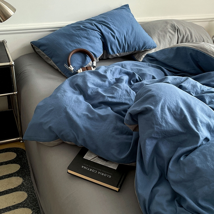 91家纺网 家纺一手货源 找家纺 梦卓家纺 2025爆款ins风超柔褶皱亲肤磨毛水洗棉四件套 爵士蓝＋浅灰