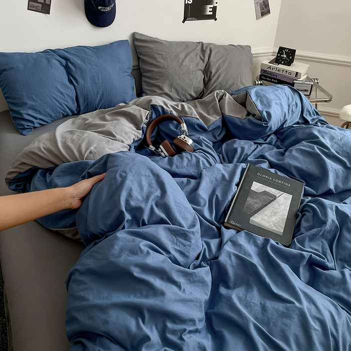 91家纺网 家纺一手货源 找家纺 梦卓家纺 2025爆款ins风超柔褶皱亲肤磨毛水洗棉四件套 爵士蓝＋浅灰