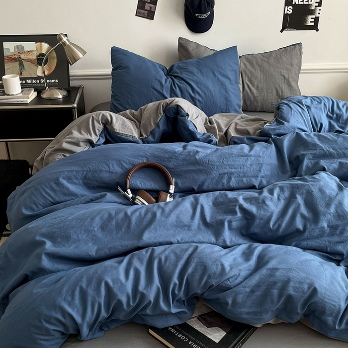 91家纺网 家纺一手货源 找家纺 梦卓家纺 2025爆款ins风超柔褶皱亲肤磨毛水洗棉四件套 爵士蓝＋浅灰