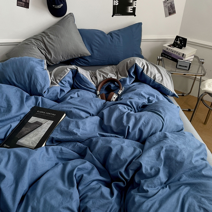 91家纺网 家纺一手货源 找家纺 梦卓家纺 2025爆款ins风超柔褶皱亲肤磨毛水洗棉四件套 爵士蓝＋浅灰