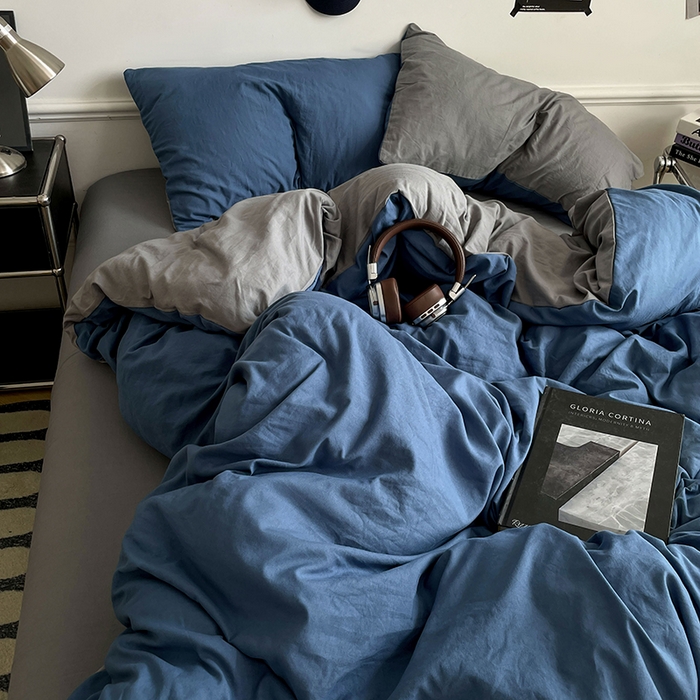 91家纺网 家纺一手货源 找家纺 梦卓家纺 2025爆款ins风超柔褶皱亲肤磨毛水洗棉四件套 爵士蓝＋浅灰