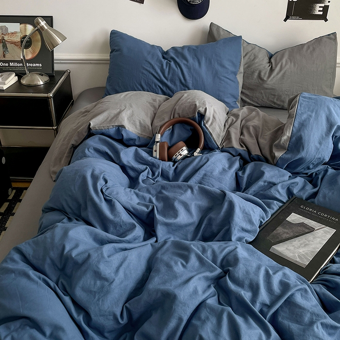 91家纺网 家纺一手货源 找家纺 梦卓家纺 2025爆款ins风超柔褶皱亲肤磨毛水洗棉四件套 爵士蓝＋浅灰