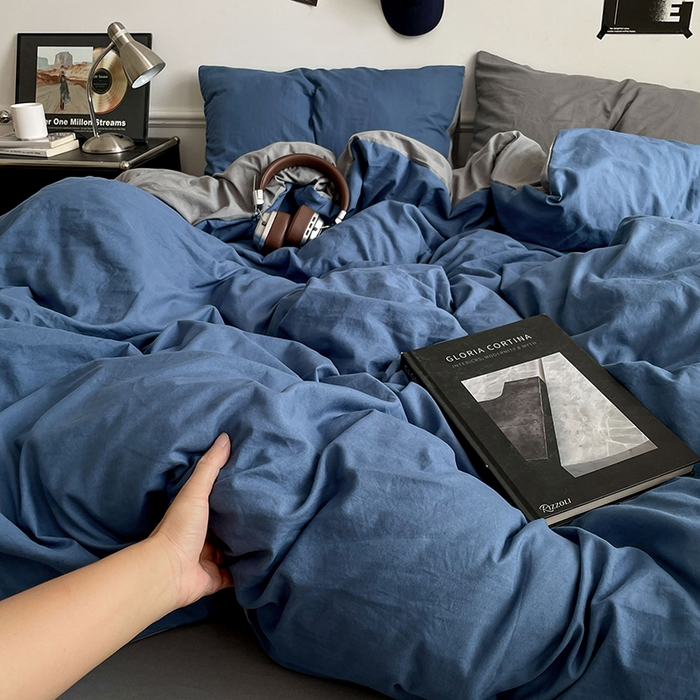 91家纺网 家纺一手货源 找家纺 梦卓家纺 2025爆款ins风超柔褶皱亲肤磨毛水洗棉四件套 爵士蓝＋浅灰