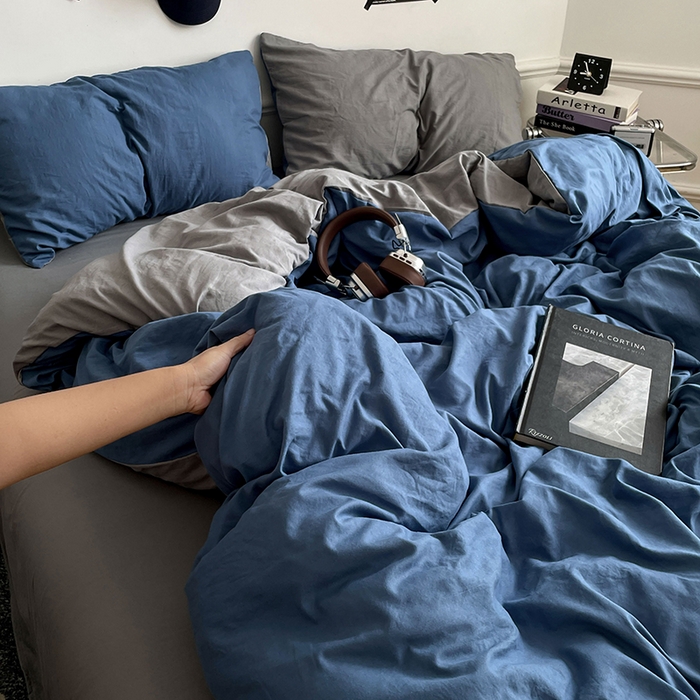 91家纺网 家纺一手货源 找家纺 梦卓家纺 2025爆款ins风超柔褶皱亲肤磨毛水洗棉四件套 爵士蓝＋浅灰