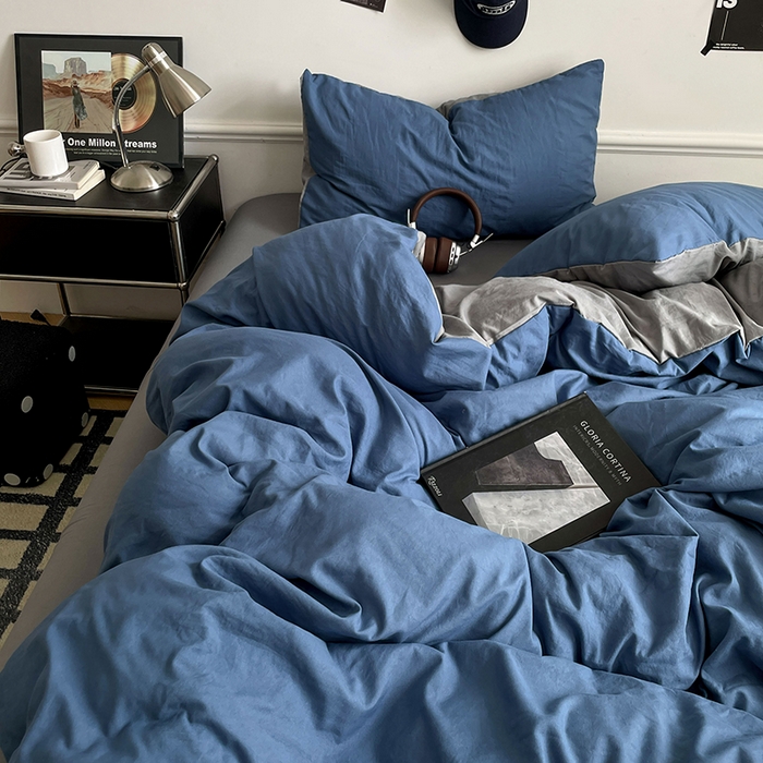 91家纺网 家纺一手货源 找家纺 梦卓家纺 2025爆款ins风超柔褶皱亲肤磨毛水洗棉四件套 爵士蓝＋浅灰