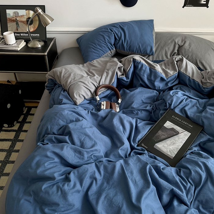 91家纺网 家纺一手货源 找家纺 梦卓家纺 2025爆款ins风超柔褶皱亲肤磨毛水洗棉四件套 爵士蓝＋浅灰