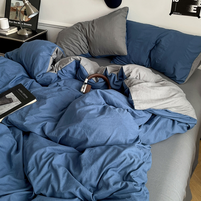 91家纺网 家纺一手货源 找家纺 梦卓家纺 2025爆款ins风超柔褶皱亲肤磨毛水洗棉四件套 爵士蓝＋浅灰