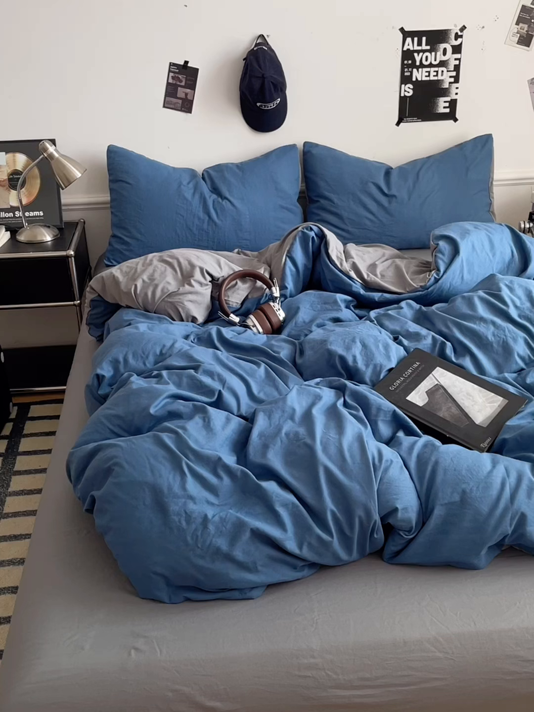 91家纺网 家纺一手货源 找家纺 梦卓家纺 2025爆款ins风超柔褶皱亲肤磨毛水洗棉四件套 爵士蓝＋浅灰