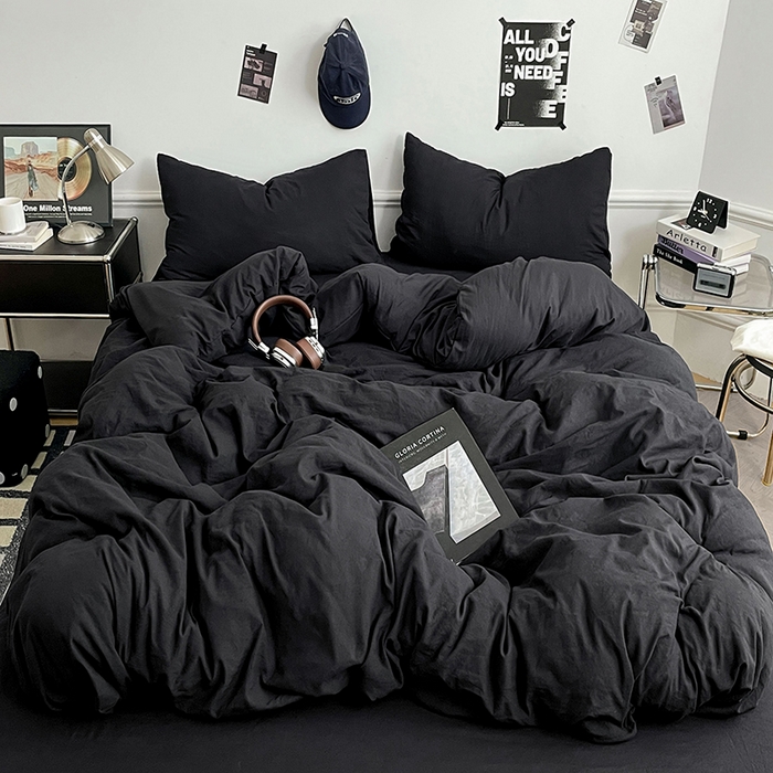 梦卓家纺 2025爆款ins风超柔褶皱亲肤磨毛水洗棉四件套 骑士黑