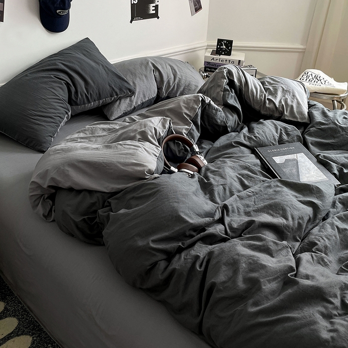 91家纺网 家纺一手货源 找家纺 梦卓家纺 2025爆款ins风超柔褶皱亲肤磨毛水洗棉四件套 深空灰