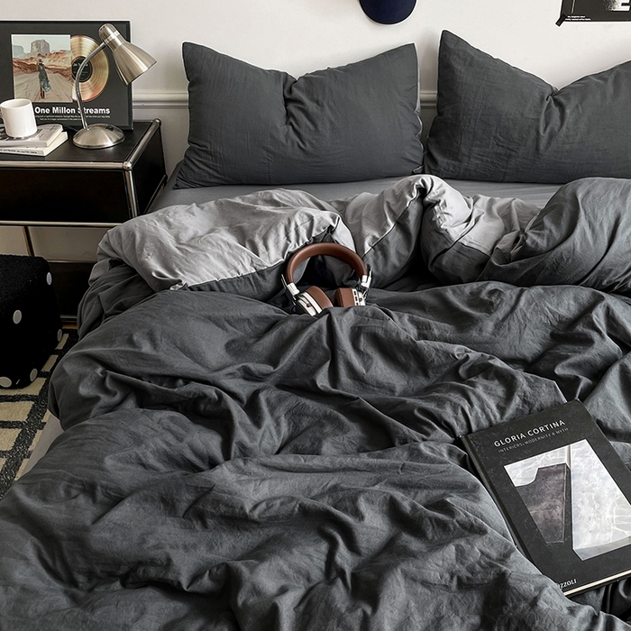 91家纺网 家纺一手货源 找家纺 梦卓家纺 2025爆款ins风超柔褶皱亲肤磨毛水洗棉四件套 深空灰