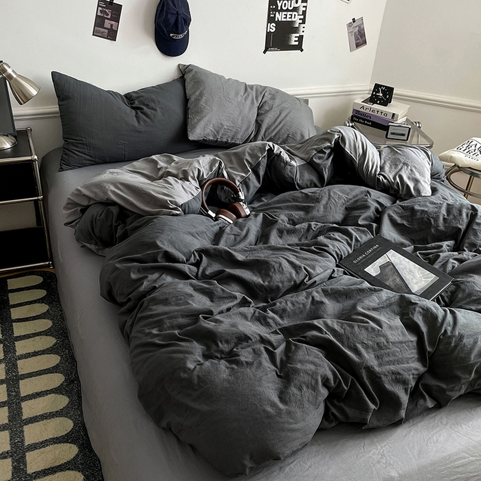 91家纺网 家纺一手货源 找家纺 梦卓家纺 2025爆款ins风超柔褶皱亲肤磨毛水洗棉四件套 深空灰