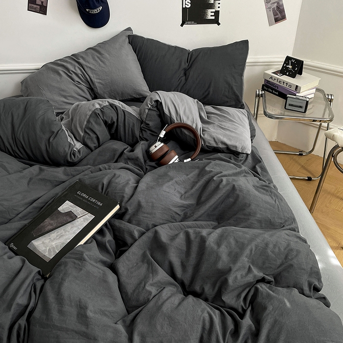 91家纺网 家纺一手货源 找家纺 梦卓家纺 2025爆款ins风超柔褶皱亲肤磨毛水洗棉四件套 深空灰