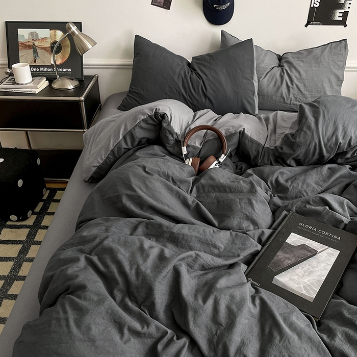 91家纺网 家纺一手货源 找家纺 梦卓家纺 2025爆款ins风超柔褶皱亲肤磨毛水洗棉四件套 深空灰