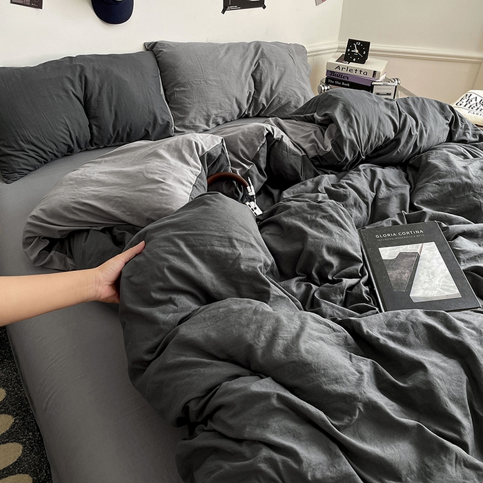 91家纺网 家纺一手货源 找家纺 梦卓家纺 2025爆款ins风超柔褶皱亲肤磨毛水洗棉四件套 深空灰