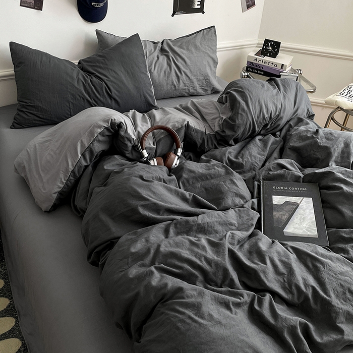 91家纺网 家纺一手货源 找家纺 梦卓家纺 2025爆款ins风超柔褶皱亲肤磨毛水洗棉四件套 深空灰