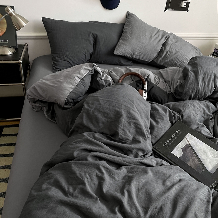 91家纺网 家纺一手货源 找家纺 梦卓家纺 2025爆款ins风超柔褶皱亲肤磨毛水洗棉四件套 深空灰