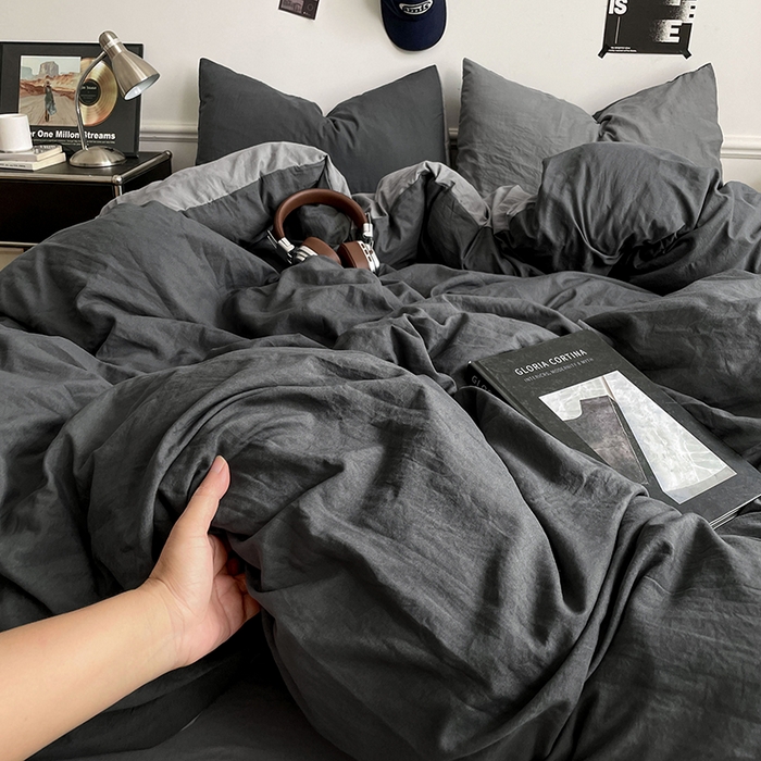 91家纺网 家纺一手货源 找家纺 梦卓家纺 2025爆款ins风超柔褶皱亲肤磨毛水洗棉四件套 深空灰