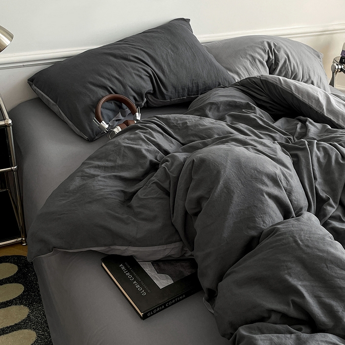 91家纺网 家纺一手货源 找家纺 梦卓家纺 2025爆款ins风超柔褶皱亲肤磨毛水洗棉四件套 深空灰