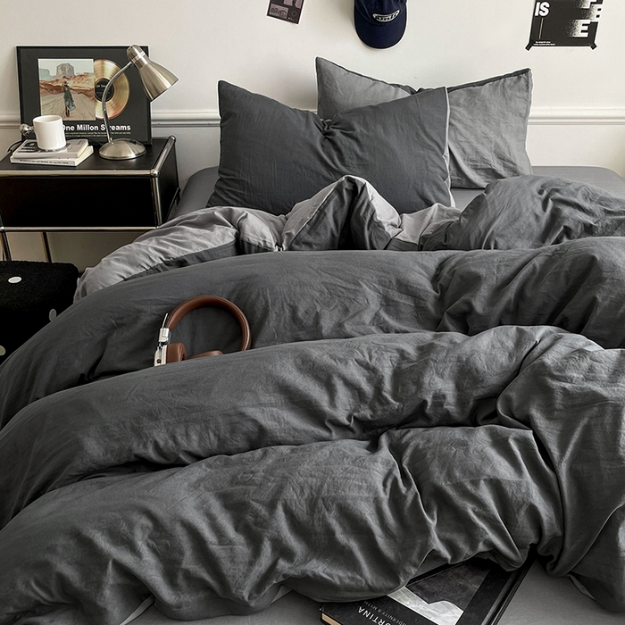 91家纺网 家纺一手货源 找家纺 梦卓家纺 2025爆款ins风超柔褶皱亲肤磨毛水洗棉四件套 深空灰